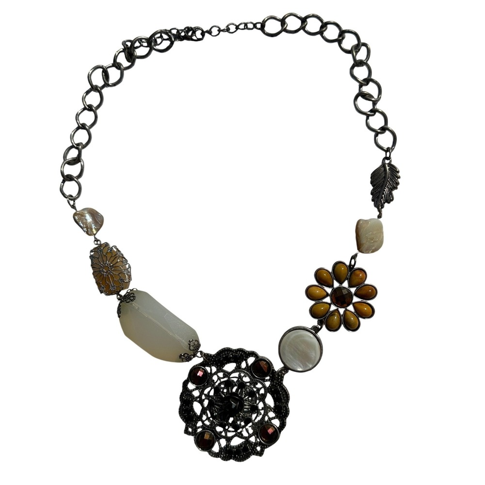 Unica Mixed Stone Filigree Statement Necklace Silver Tone Boho Brown Cream